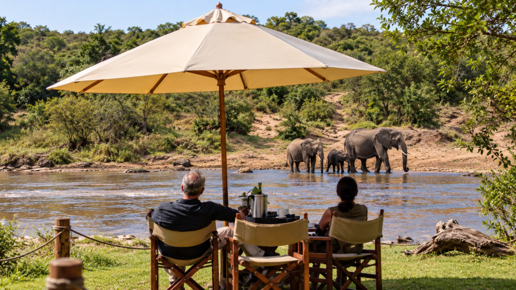Elephants at a watering hole viewed from a safari camp